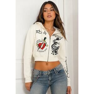 Ed Hardy Dagger Heart Cropped Hoodie NWT Ivory Graphic Dragon Y2K Size Large